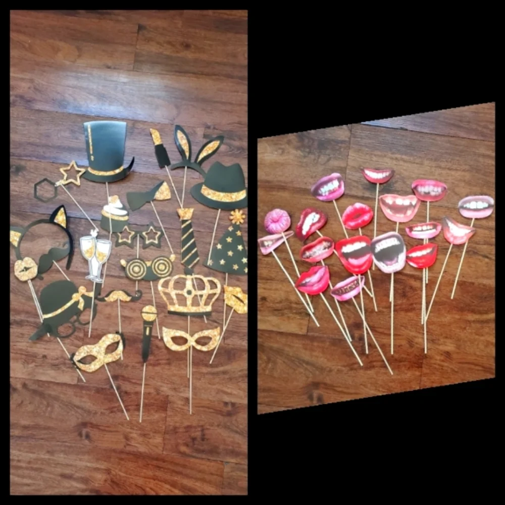 39-Piece Paper Cardstock Photo Booth Props - Mouths & Classic Black & Gold Stick